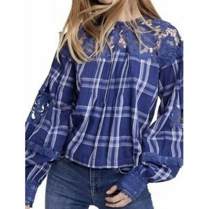 Free People Darling Diana Womens Plaid Lace Top Balloon Sleeve Size XS Blue